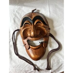 Vtg Mask Korean Yangban Hahoe Talchum Hand Carved Mouth Moves Hang 9.5"x6.75"
